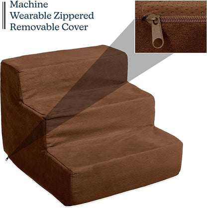 Dog Stairs for Small Dogs - 3-Step Dog Steps for High Bed and Couch - Pet Stairs with Nonslip Bottom, High-Density Foam, and Removable Washable Cover - Cat and Dog Furniture by PETMAKER (Brown)