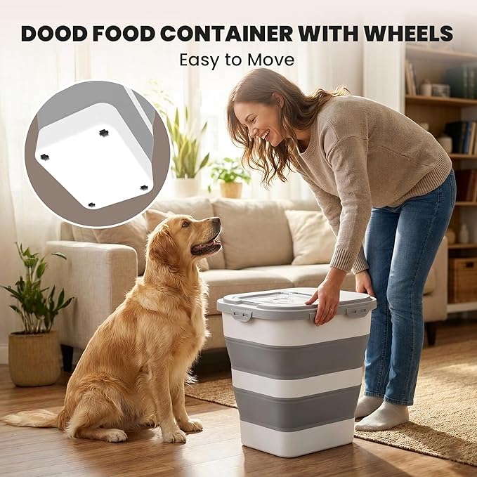 35-40 Lbs Airtight Dog Food Storage Container, Collapsible Dog Food Container with Lid, Wheels, Date Track, Large Pet food storage Container for Rice,Flour,Sugar,Dog Food Scoop,2PCS Containers