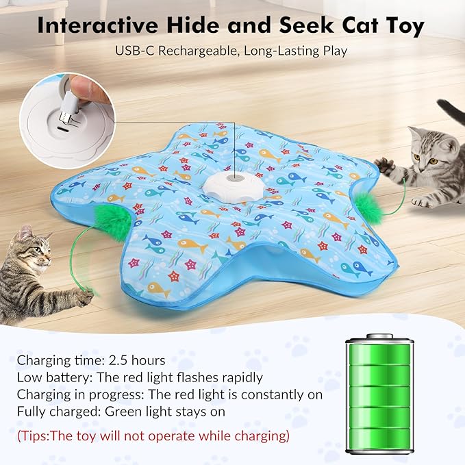 Interactive Cat Toys Rechargeable,Durable Hide and Seek Cat Toys with Moving Concealed Feathers, Automatic Cat Kitten Toy for Indoor Bored Adult Cats