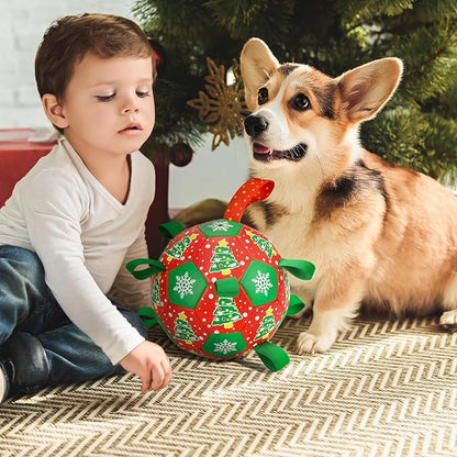 Christmas Soccer Ball Dog Toy With Straps for Interactive Play and Tug of War - Christmas Tree & Snowflower Pattern for Small, Medium, Big Dogs (6 Inches)