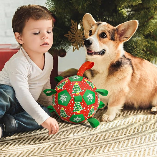 Christmas Soccer Ball Dog Toy With Straps for Interactive Play and Tug of War - Christmas Tree & Snowflower Pattern for Small, Medium, Big Dogs (6 Inches)