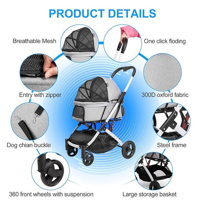 Pet Stroller for Medium Small Dog & Cat, Foldable Lightweight Dog Stroller with Storage Basket Pet Travel Carriage with Safety Leashes, 4 Wheel, Gray