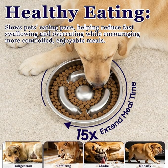 Stainless Steel Slow Feeder Dog Bowl Metal Dog Food Bowl with Non-Slip Mat for Small and Medium Sized Dogs, 2 to 4 Cups Capacity, Dishwasher-Safe, Double-Sided Design for Dry, Wet, or Raw Food