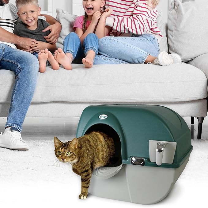Omega Paw VMRA20-1-PR Premium Roll 'N Clean Large Self Cleaning Litter Box with Integrated Litter Step and Unique Sifting Grill, Forest Green