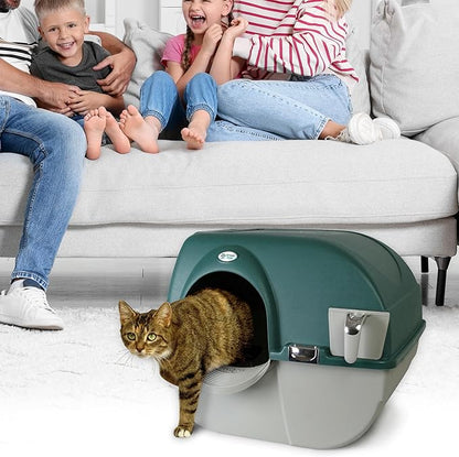 Omega Paw VMRA20-1-PR Premium Roll 'N Clean Large Self Cleaning Litter Box with Integrated Litter Step and Unique Sifting Grill, Forest Green