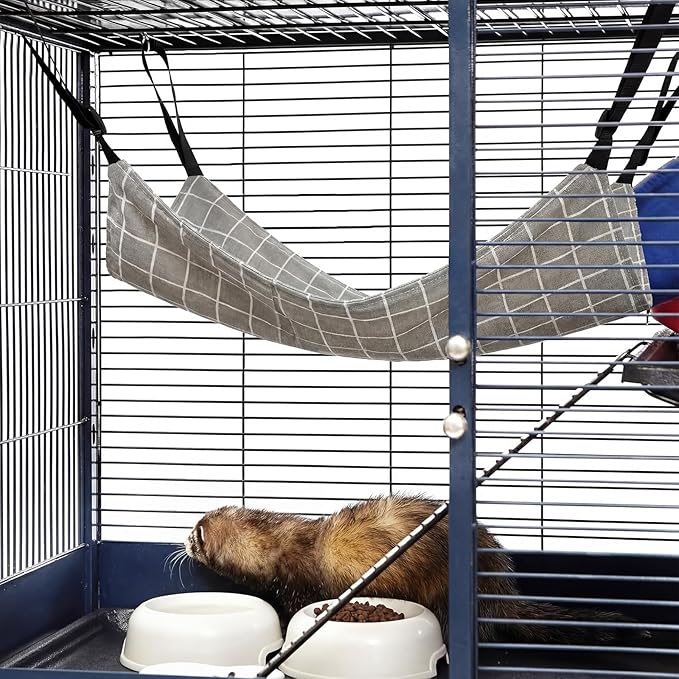 Jetec 2 Pack Cat Hammock for Cage, Catio Accessories Reversible Soft Cats Bed with Adjustable Straps and Hooks Double-Sided Linen and Fleece Hanging Hammock for Cats, Kitten(Cat and Plaid,L)