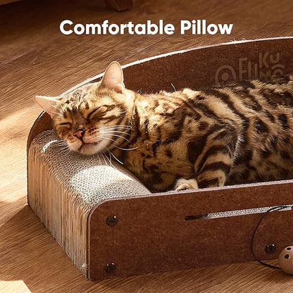 FUKUMARU 26 Inch Cat Scratcher Bed, 2 Reversible Cardboard Cat Scratch Pads Refill for Indoor Cats, Durable Large Cats Scratching Bed Sofa Couch Lounger with Fun Toys, Furniture Protector, Caramel