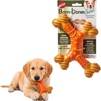 SPOT Bam-Bones Dental X-Bone - Made with Bamboo Fiber and a Massaging Rubber Center, Durable Oral Care Dog Chew for Light Chewers & Teething Puppies under 40lbs, 8in Allergen Free Peanut Butter Flavor