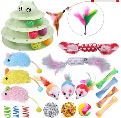 UPSKY 24 PCS Cat Toys, 3-Level Turntable Kitten Toys Set, Interactive Cat Roller Toys for Indoor Cats, Catnip Toys, Cat Teaser Toys, Mice Toys, Spring Toys, Various Ball Toys for Kitty