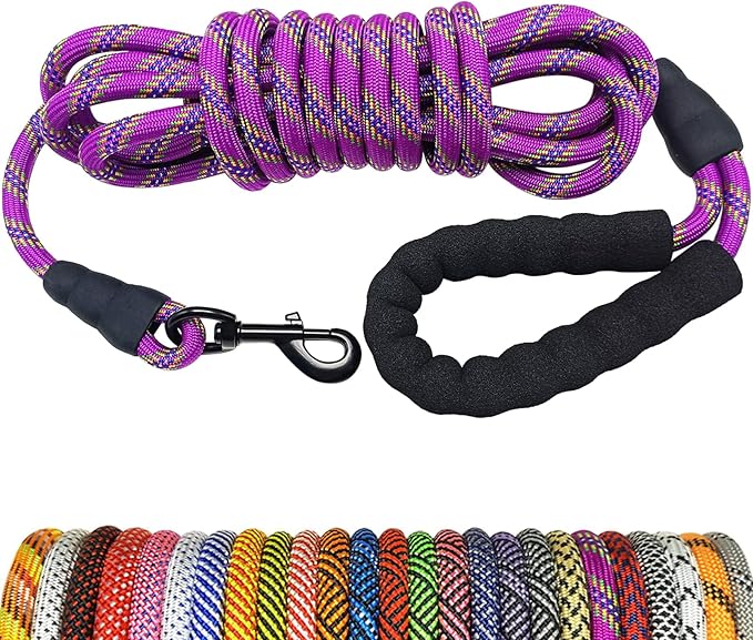 MayPaw Heavy Duty Rope Dog Leash, 6/8/10/15/20/30 FT Long Dog Leash Nylon Pet Lead, Soft Padded Handle Thick Lead Leashes for Large Medium Dogs Training (15ft * 1/2", Purple)