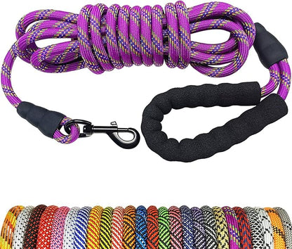 MayPaw Heavy Duty Rope Dog Leash, 6/8/10/15/20/30 FT Long Dog Leash Nylon Pet Lead, Soft Padded Handle Thick Lead Leashes for Large Medium Dogs Training (15ft * 1/2", Purple)