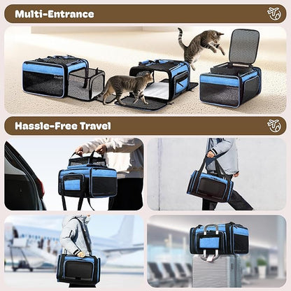Top and 2 Sides Expandable Cat Carrier 18x13.5x9.5, TSA Airline Approved Dog Carriers for Small Dogs, Soft-Sided Pet Carrier with Self-Locking Zippers for Kitten,Rabbit, Puppy, Guinea Pig Blue