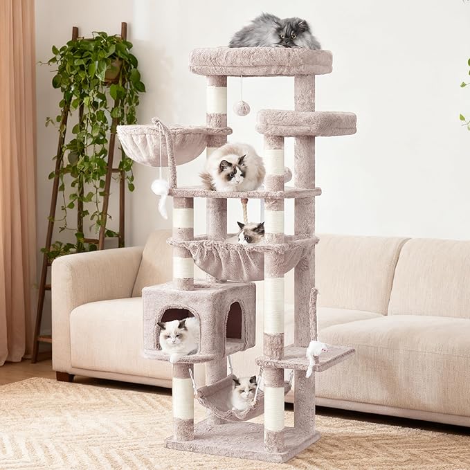 Cat Tree, Cat Tower for Large Cats with 2 Big Platforms, 2 Baskets, condo and Toys, 63" Cat Scratching Posts for Indoor Cats, Muchroom GCT020MU