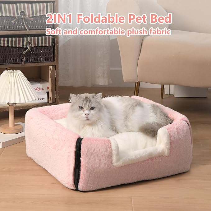 Cat Bed for Indoor Cats，Foldable cat cave，Anti-Slip & Water-Resistant Bottom，cat Houses for Indoor Cats or Small Dogs, Kitten Tent, Rabbit Bed，2 in 1 pet Bed (Pink)