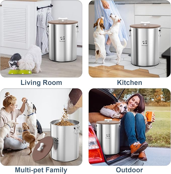 25 Lbs Stainless Steel Dog Food Storage Container with Airtight Wooden Lid & Ceramic Bone Handle, Large Metal Dog Food Bin for Dogs & Cats, Keep Fresh, Easy to Clean