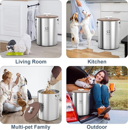 25 Lbs Stainless Steel Dog Food Storage Container with Airtight Wooden Lid & Ceramic Bone Handle, Large Metal Dog Food Bin for Dogs & Cats, Keep Fresh, Easy to Clean