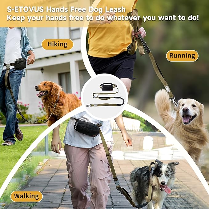 Hands Free Dog Leash with Zipper Pouch, Double Handle Running Reflective Bungee Waist Leash for Dog Walking, Training and Hiking for Small Medium Large Dogs (Yellow)