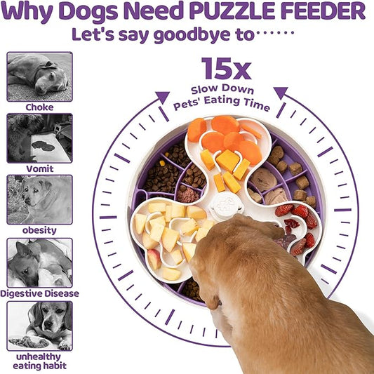 Puzzle Feeder Slow Feeder Dog Bowl for Large Dogs with Non-Slip Base - Adjustable Speed Design, Removable Puzzle Inserts & Dishwasher Safe, Purple
