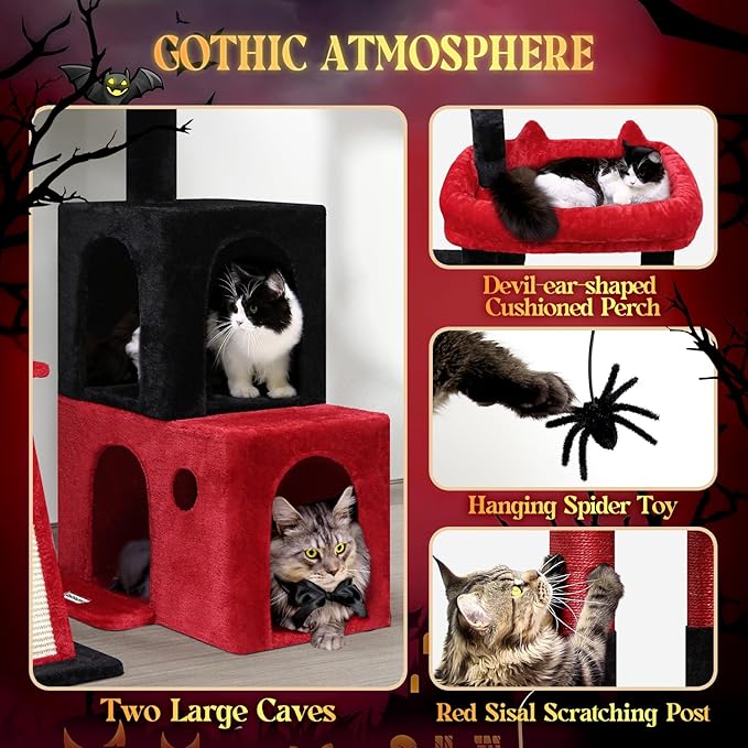 Globlazer Gothic Cat Tower for Indoor Adult Cats, 50-inch Heavy Duty Goth Cat Tree for Big Cats, Maine Coon Cat Tree with Extra-Large Padded Platform, 2 Large Condos, F50