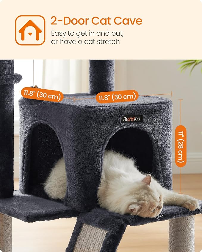 Feandrea Cat Tree, 37.8-Inch Cat Tower, Multi-Level Condo with Widened Perch, Scratching Posts and Ramp, 2-Door Cave, Hammock, Smoky Gray UPCT51G