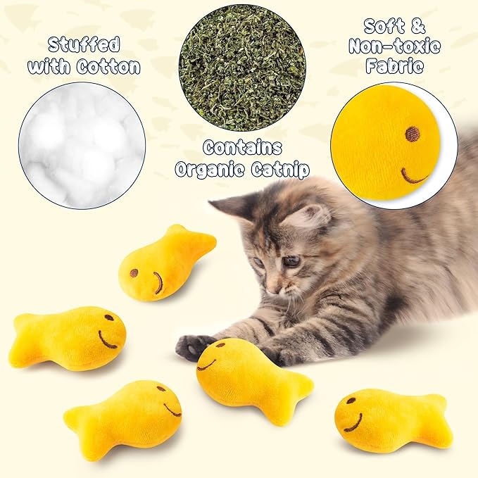 L1rabe Goldfish Cracker Catnip Stuffed Toys - National Pet Day 5P Goldfish Organic Cat Toys Funny Yellow Indoor Cats Chew Bite Teething Tools Kittens Birthday Gifts Interactive Pet Supplies