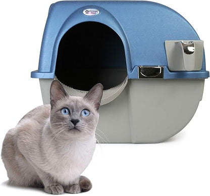 Omega Paw Self Cleaning Cat Litter Box, Premium Roll 'N Clean Litter Box, Regular Size for Kittens and Cats 10 lbs and Under, Blue Color (PR-RA15-1) with Integrated Litter Step and Chrome Accents