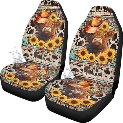 Car Seat Covers Waterproof Universal Aztec Highland Cow Print Front Car Seats Easy Installation Washable Cover Automotive Interior Accessories for Cars Truck SUV Van