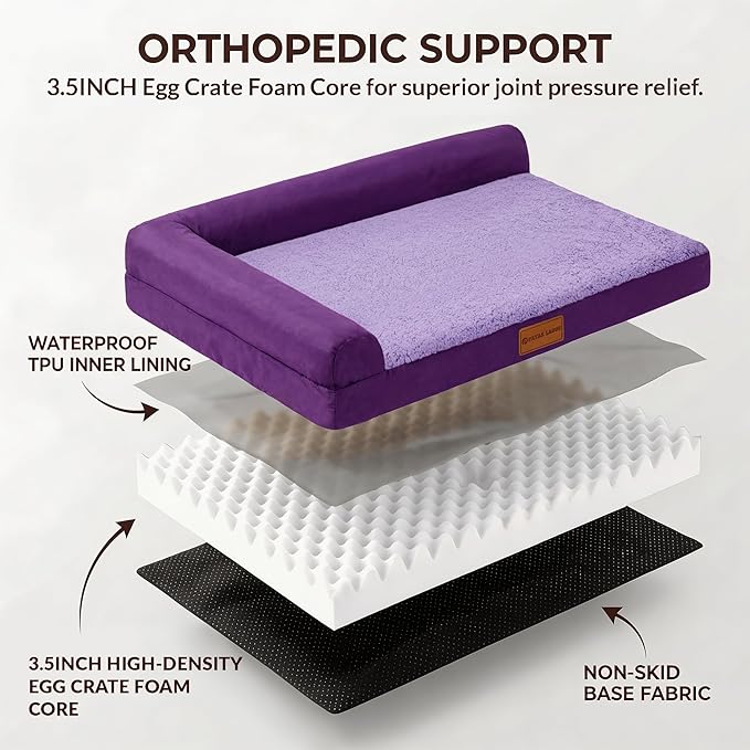 Patas Lague Orthopedic XL Dog Bed Large Sized Dog 48''X30'', Waterproof L Bolster Big Pet Sofa Beds with Removable Washable Cover, Soft Comfortable Pet Couch Crate Mat with Nonskid Bottom, Purple