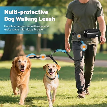 Hands Free Dog Leash for 2 Dogs with Pouch, Waist Leash for Dog Walking, Jogging, Hiking, Retractable Leashes with Dual Padded Handles, Adjustable Reflective Belt for Small, Medium, Large Dogs