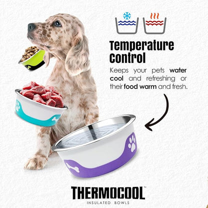 Thermocool Insulated Stainless Steel Pet Bowl - 64 Oz (XL) Non-Slip Feeding Dish Reduces Sliding & Spills, Keeps Water Cold & Food Warm, Dishwasher Safe (Light Purple)