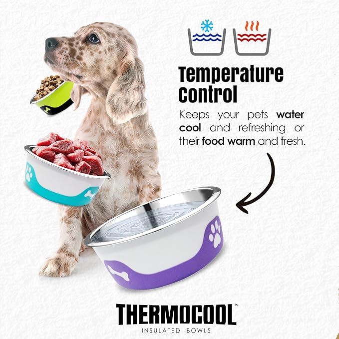 Thermocool Insulated Stainless Steel Pet Bowl - 32 Oz (Large) Non-Slip Feeding Dish Reduces Sliding & Spills, Keeps Water Cold & Food Warm, Dishwasher Safe (Pink)