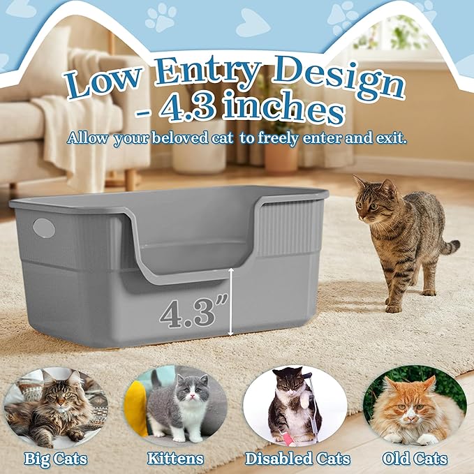 2 Pack Low Entry Litter Box for Kittens & Senior Cats, High Sided Litter Boxes with Handle, Anti-Splash Plastic Large Litter Tray Pan for Big Cat, Easy to Clean, 19.6" L*13.7" W*8.6" H (Grey)