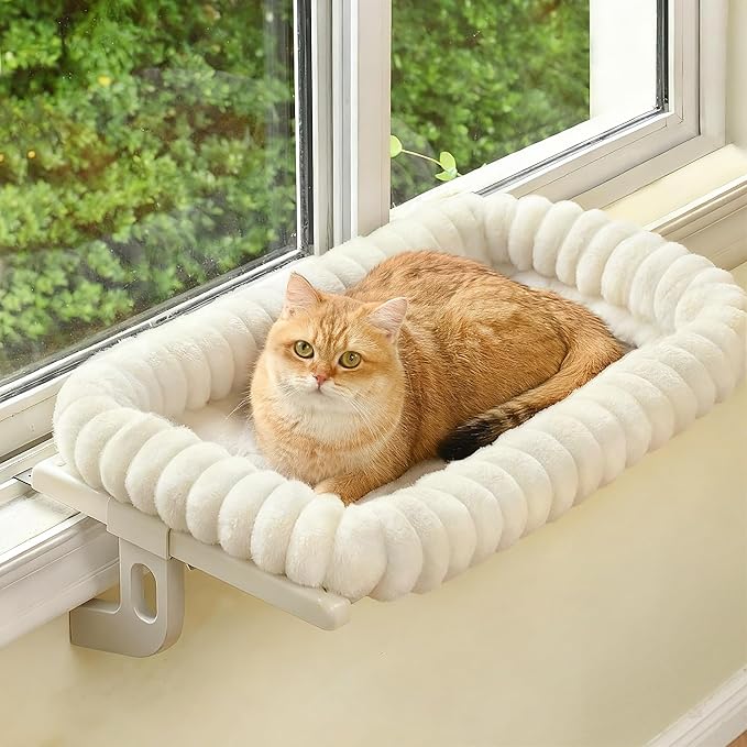 Cloud-Cuddle Cat Window Perch with 4-Sided Bolster, Zipper Design Cushion Window Seat for Window Sill, Sturdy Metal Frame & Easy Assembly Pet Hammock Bed for Indoor Cats (White, Medium)