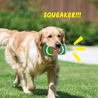 Squeaky Plush Dog Toys 2 Pack - Funny Beer Puppy Toys with Squeaker for Small Medium Large Dogs, Soft Stuffed Chew Toys for Birthday Gifts(Green&Orange)