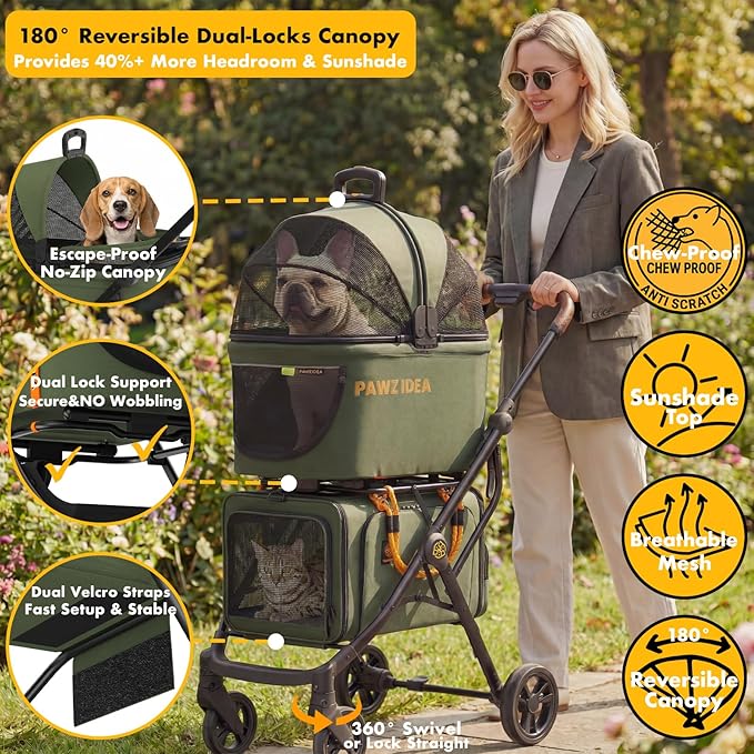 PAWZIDEA Double Pet Stroller with 2 Detachable Carrier, Lightweight Portable Travel Crate & Car Seat Combo & TSA-Approved Expandable Carrier, Foldable Jogger Stroller for 2–4 Cats or Small/Medium Dogs