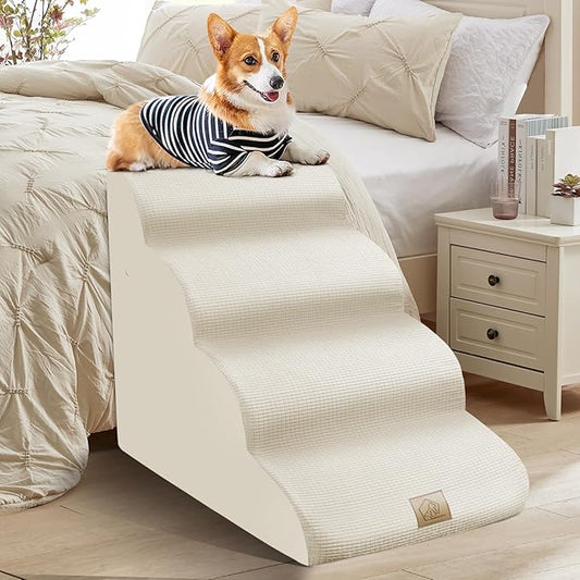 Mestuel Dog Stairs for Small Dogs Cats, Small Pet Stairs Steps, Foam 6-Tier Pet Stairs Steps for Couch Sofa, Dog Ramp Ladder Indoor with Nonslip Bottom &Washable Cover, Beige