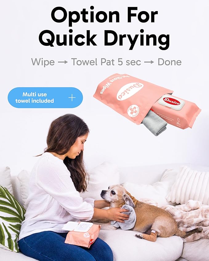 Dusico® Pet Glove Wipes with Microfiber Towel (20 Pack) Unscented – Chlorhexidine Dog Wipes – Oil-Free & Aloe-Free Hypoallergenic Cat Grooming Gloves. Deodorizing Formula with Cucumber & Chamomile