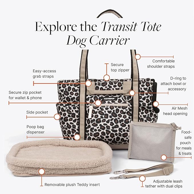 Cleverpup Transit Tote Dog Carrier for Small Dogs Under 8 lbs, 16x11x8 Soft-Sided 4-Pc Set with Waterproof Base, Plush Insert, Food Pouch, Mesh Head Opening - Small, Leopard
