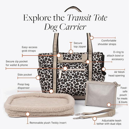Cleverpup Transit Tote Dog Carrier for Small Dogs Under 8 lbs, 16x11x8 Soft-Sided 4-Pc Set with Waterproof Base, Plush Insert, Food Pouch, Mesh Head Opening - Small, Leopard