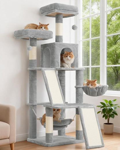Multi-Level Cat Tree for Indoor Cats, Cat Tower with 2 Scratching Boards, 2 Plush Padding Platforms, Cat Condo House with Hammock, Basket, Light Gray GCT022W