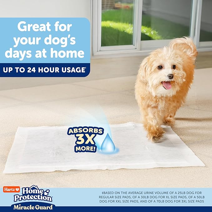 Hartz Miracle Guard Dog and Puppy Dog Pads Max Absorbency 24 Hour Use Odor Eliminating No Leaks, Regular Size 50 Count
