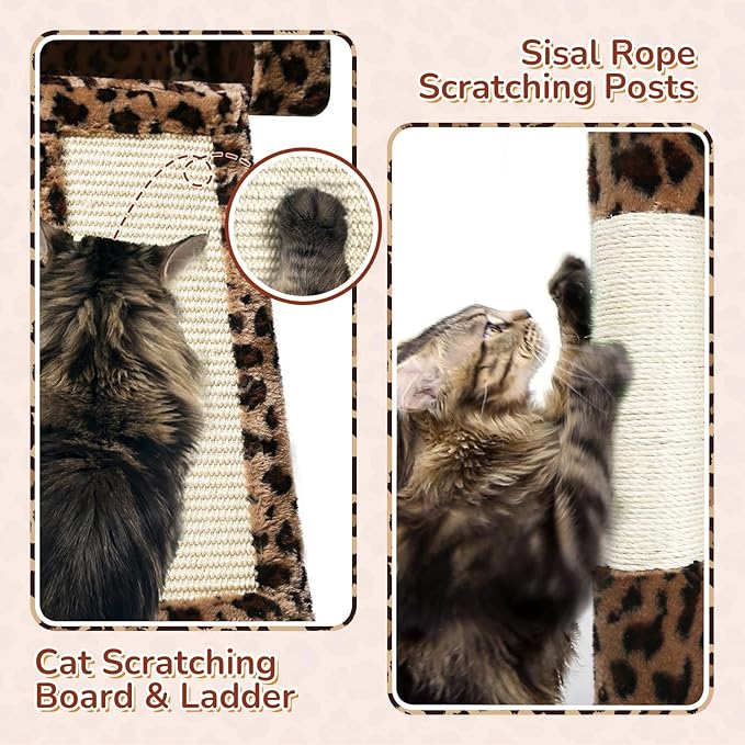Globlazer Heavy Duty Cat Tree Tower, 70inch Sturdy Cat Tree for Indoor Cats Sturdy Large Cat Tower with Scratching Post and Board, Hammock, 2 Cat Condo for Adult Cats Kittens, F70 Pro, Leopard Print