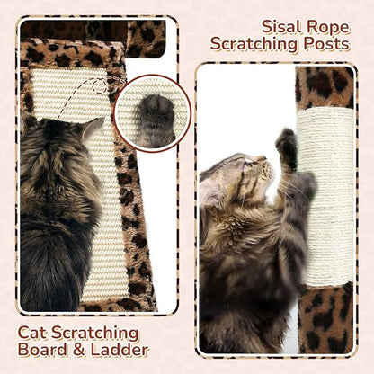 Globlazer Heavy Duty Cat Tree Tower, 70inch Sturdy Cat Tree for Indoor Cats Sturdy Large Cat Tower with Scratching Post and Board, Hammock, 2 Cat Condo for Adult Cats Kittens, F70 Pro, Leopard Print