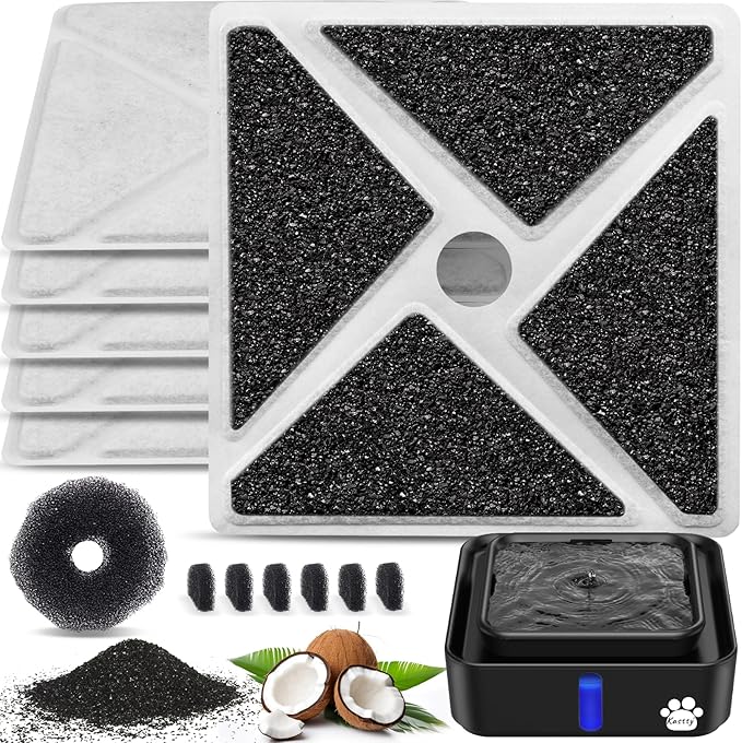 Kastty 14L/3.8Gal Large Dog Water Fountain Replacement Filters 6 Pack, Largest 9", Square Ultrafiltration, More Activated Carbon, Food Grade, 6 Fountain Filters + 6 Pump Filters + 1 Circle Filter