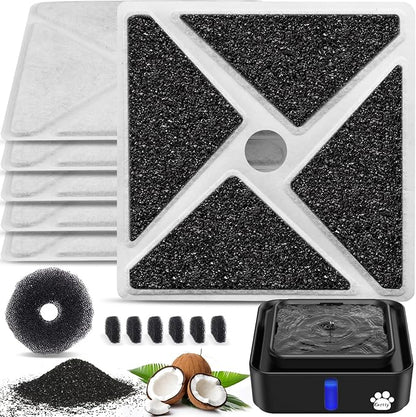 Kastty 14L/3.8Gal Large Dog Water Fountain Replacement Filters 6 Pack, Largest 9", Square Ultrafiltration, More Activated Carbon, Food Grade, 6 Fountain Filters + 6 Pump Filters + 1 Circle Filter