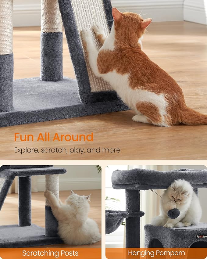 Feandrea Cat Tree, 37.8-Inch Cat Tower, Multi-Level Condo with Widened Perch, Scratching Posts and Ramp, 2-Door Cave, Hammock, Smoky Gray UPCT51G