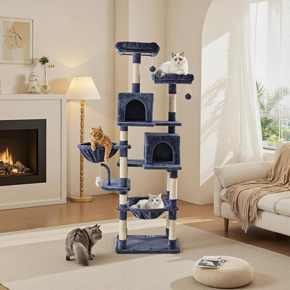 DUMOS Tall 71 inch Cat Tree Tower, Large Multi Level Cat Climbing Tower with Condo, Natural Sisal Scratching Posts, Platform, Hammock, Basket, Pet Tree House for Indoor Cats Play, Dark Grey