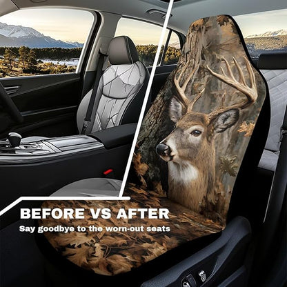 Waterproof Front Seat Covers Easy Installation Camo Deer Hunter Car Seat Covers Set of 2 Stretch Polyester Fabric Cover Car Interior Accessories Universal Fit Most Cars,SUV, Trucks