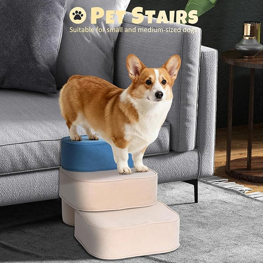 Dog Stairs for Small Dogs, 3 Step Dog Stair for High Bed and Couch, Non-Slip High Density Foam Sturdy Pet Steps with Removable Washable Cover for Older Cat