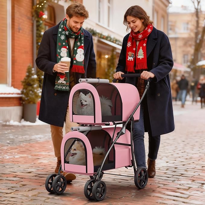 Magshion Double Dog Stroller with 2 Detachable Carrier Bags, 4-Wheel Folding Pet Travel Strolling Cart with Storage Pocket for Small-Medium Dogs & Cats Puppy, Pink Gray, Pink